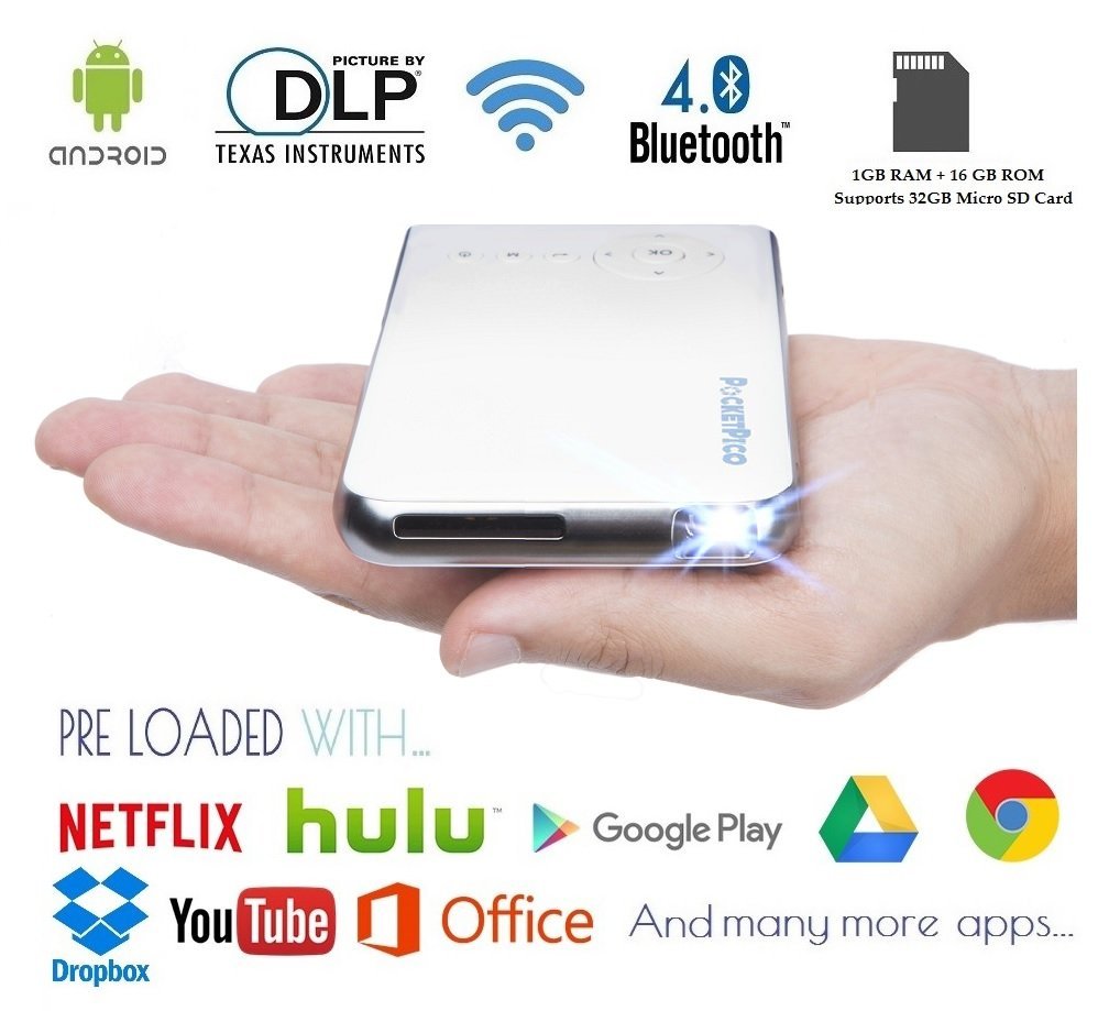 Pocket Pico Mobile Projector, Android Operating System, Netflix, Hulu, HBO & Google Play Store Apps, HDMI Input, Auto Keystone Correction, 100 Ansi Lumens, 5Ghz WiFi + Bluetooth 4.0