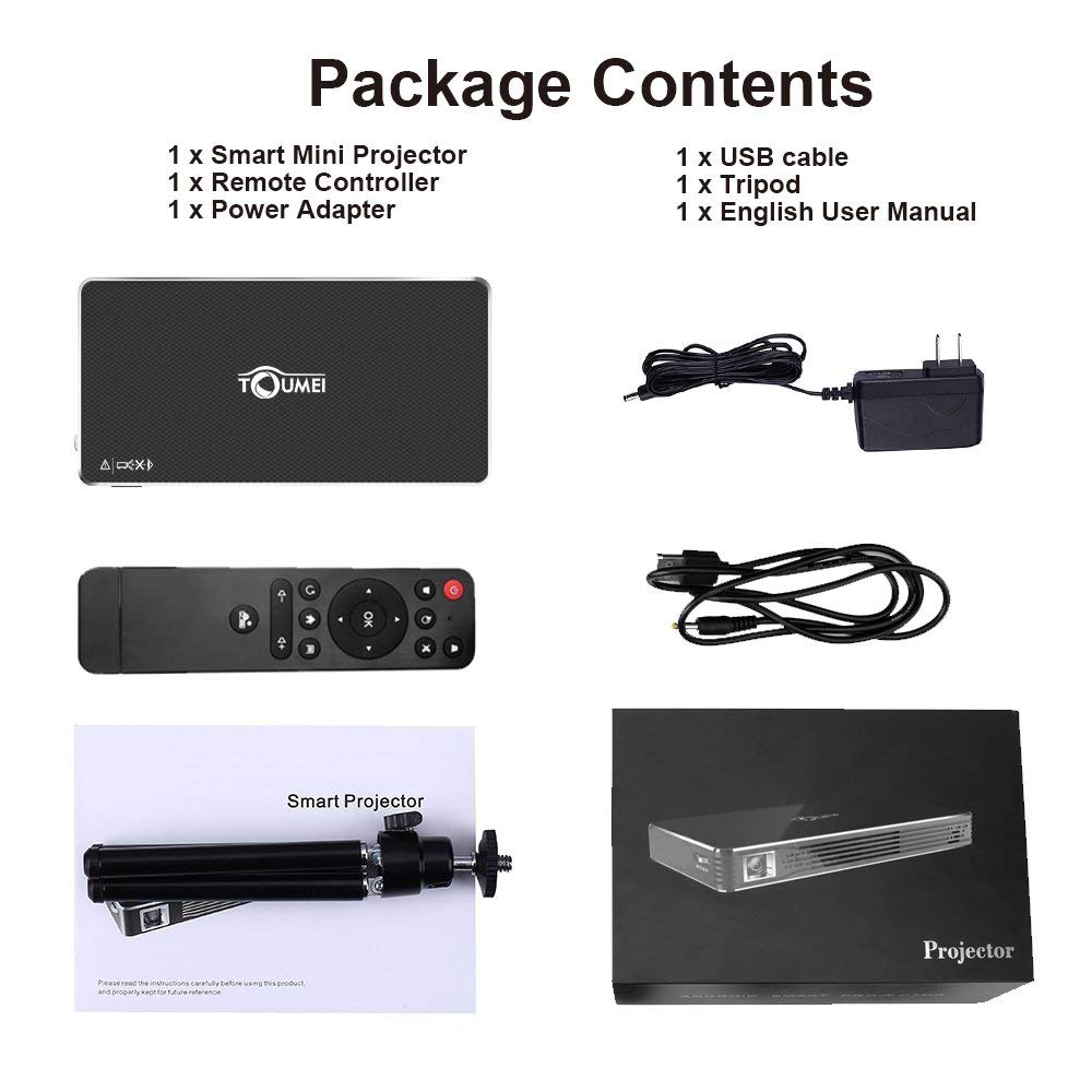 Package Contents: smart mini projector, remote controller, power adapter, usb cable, tripd, English user manual