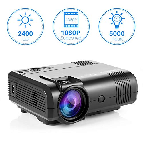 Projector, Tontion 2400 Lux Video Projector supporting 1080P -50,000 Hour LED Full HD Mini Projector, Compatible with Amazon Fire TV Stick, HDMI, VGA, USB, AV, SD for Home Theater