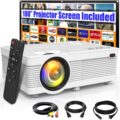 Upgraded 7500Lumens Outdoor Projector with 100" Projector Screen- Full HD 1080P Supported, Portable Mini Projector Compatible with HDMI, USB, AV, TF