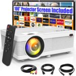 Upgraded 7500Lumens Outdoor Projector with 100" Projector Screen- Full HD 1080P Supported, Portable Mini Projector Compatible with HDMI, USB, AV, TF