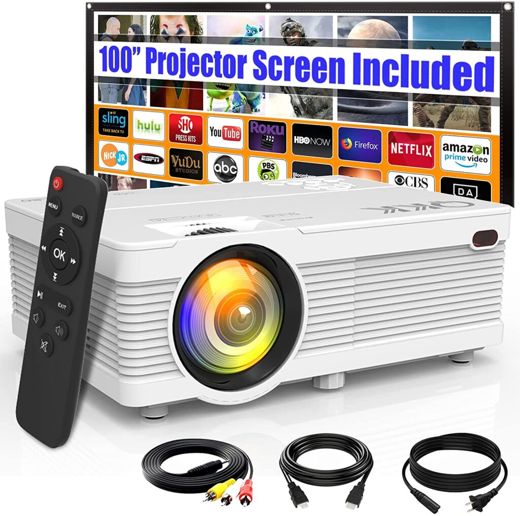 Upgraded 7500Lumens Outdoor Projector with 100" Projector Screen- Full HD 1080P Supported, Portable Mini Projector Compatible with HDMI, USB, AV, TF