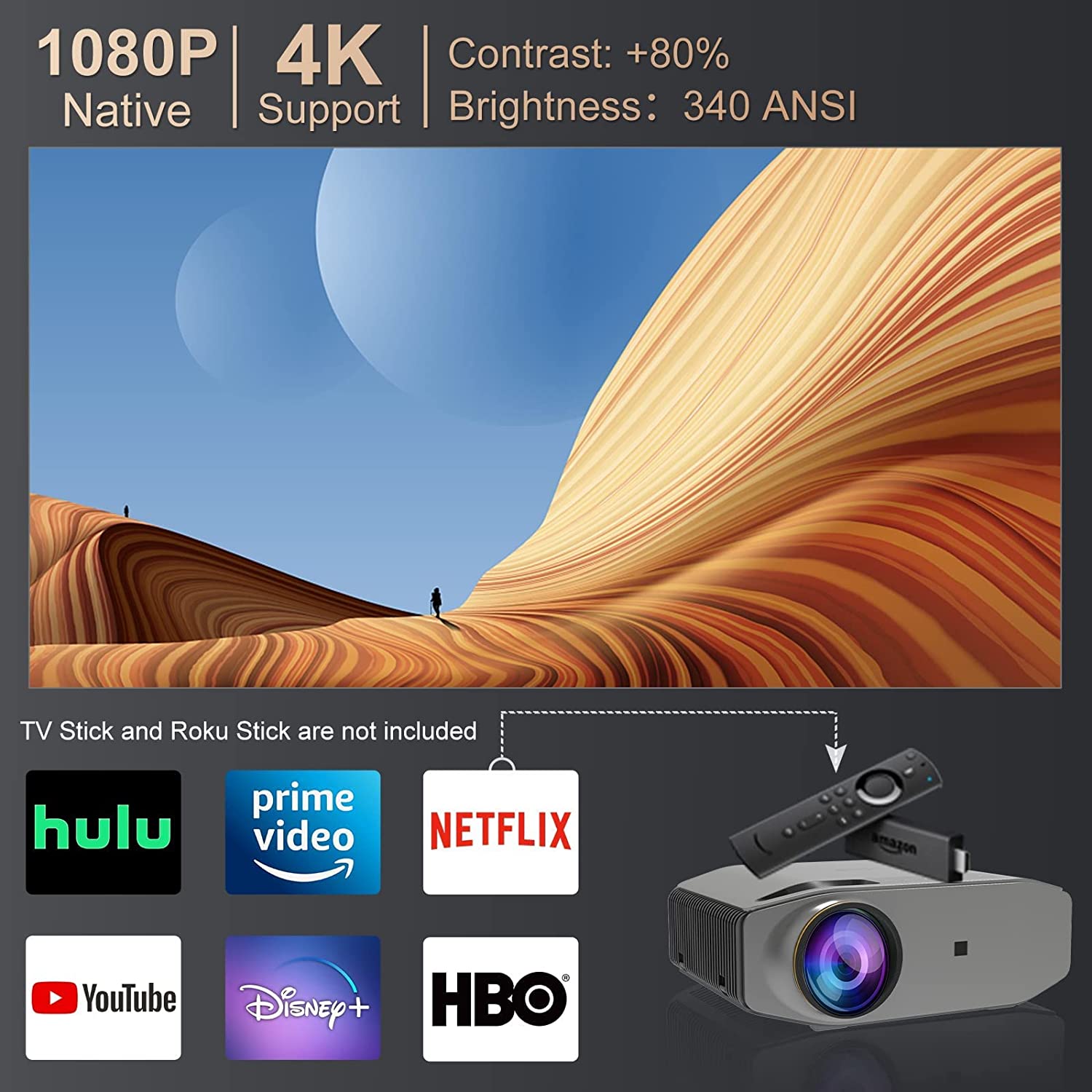 Proiettore Wielio Full HD 1080P con supporto 4K, Bluetooth e WiFi, schermo HD da 18.000 lumen, supporto per dimensioni di proiezione da 30 a 200 pollici, compatibile con iOS/Android/Xbox