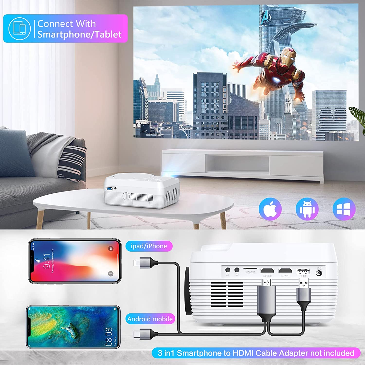 Dxyiitoo Full HD Bluetooth Projector Built in DVD Player 7500LM 1080P
