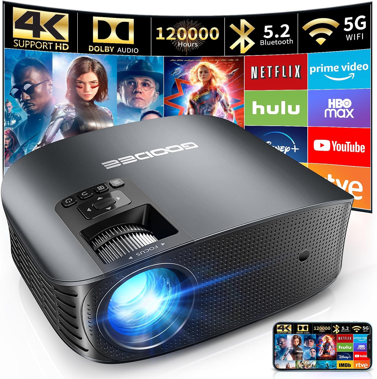 GooDee Projector 4K With WiFi And Bluetooth Supported