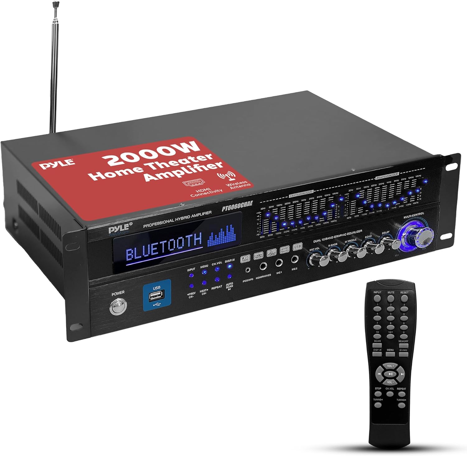 Pyle 2000W Bluetooth 5.0 - 6-Channel Home Amplifier